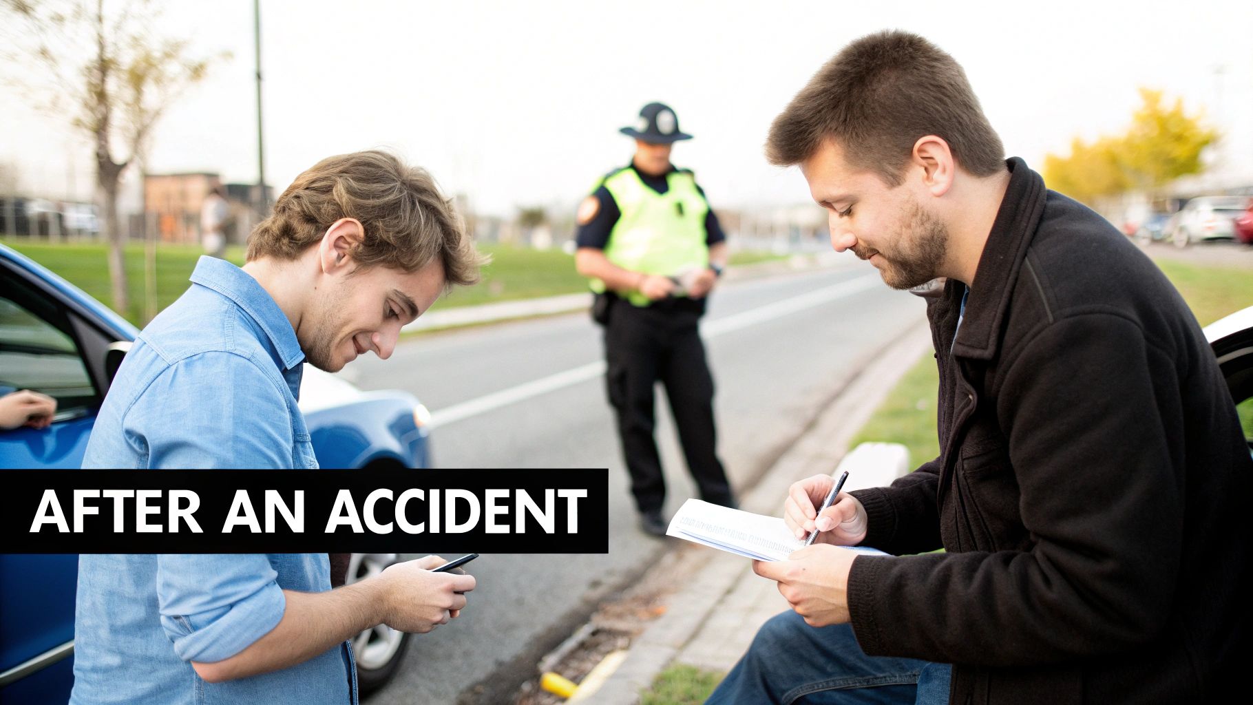 Two men and a police officer handle paperwork after a car accident.