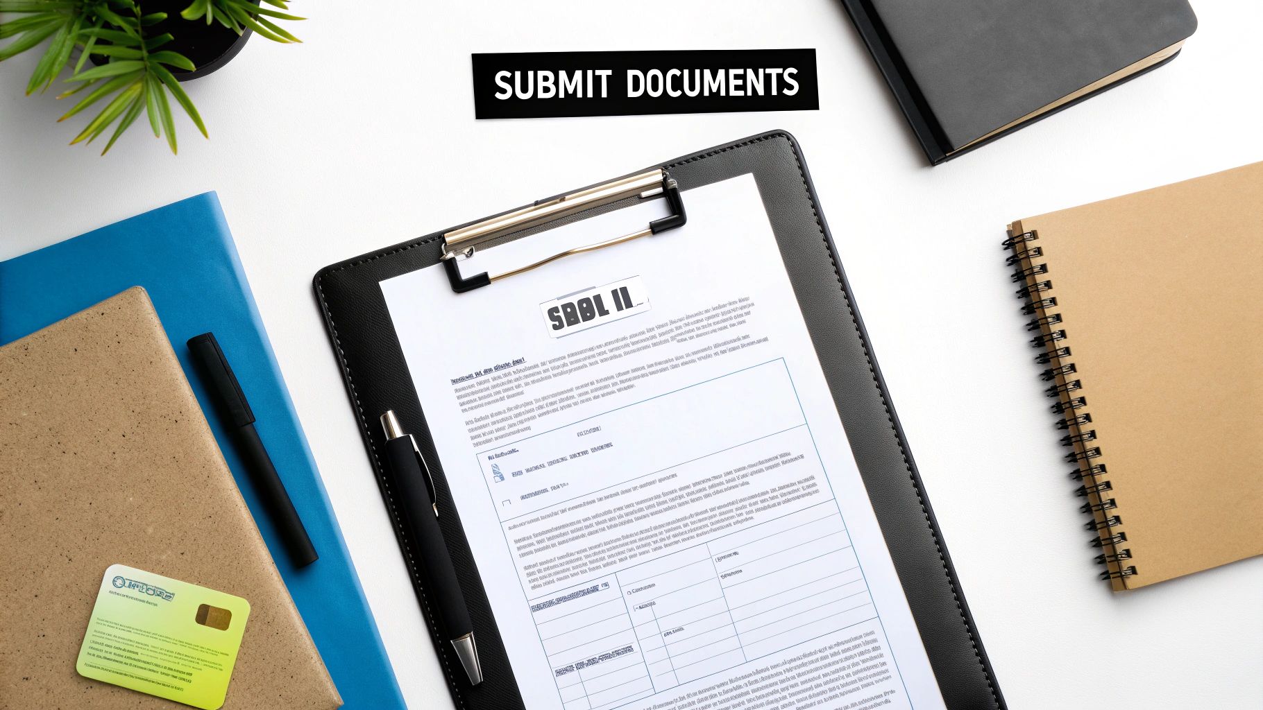 Clipboard with SBOI II document form surrounded by notebooks, pen, and office supplies on desk