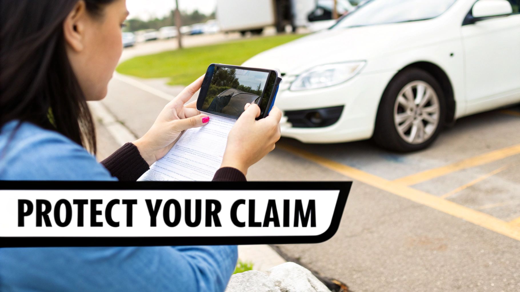 A person taking a photo of a car accident scene with their smartphone.