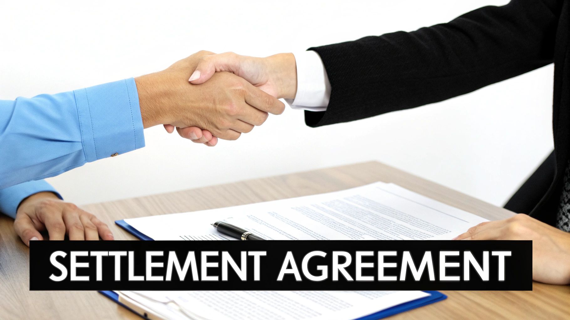 Two individuals shaking hands over a table with a document, signifying a settlement agreement.