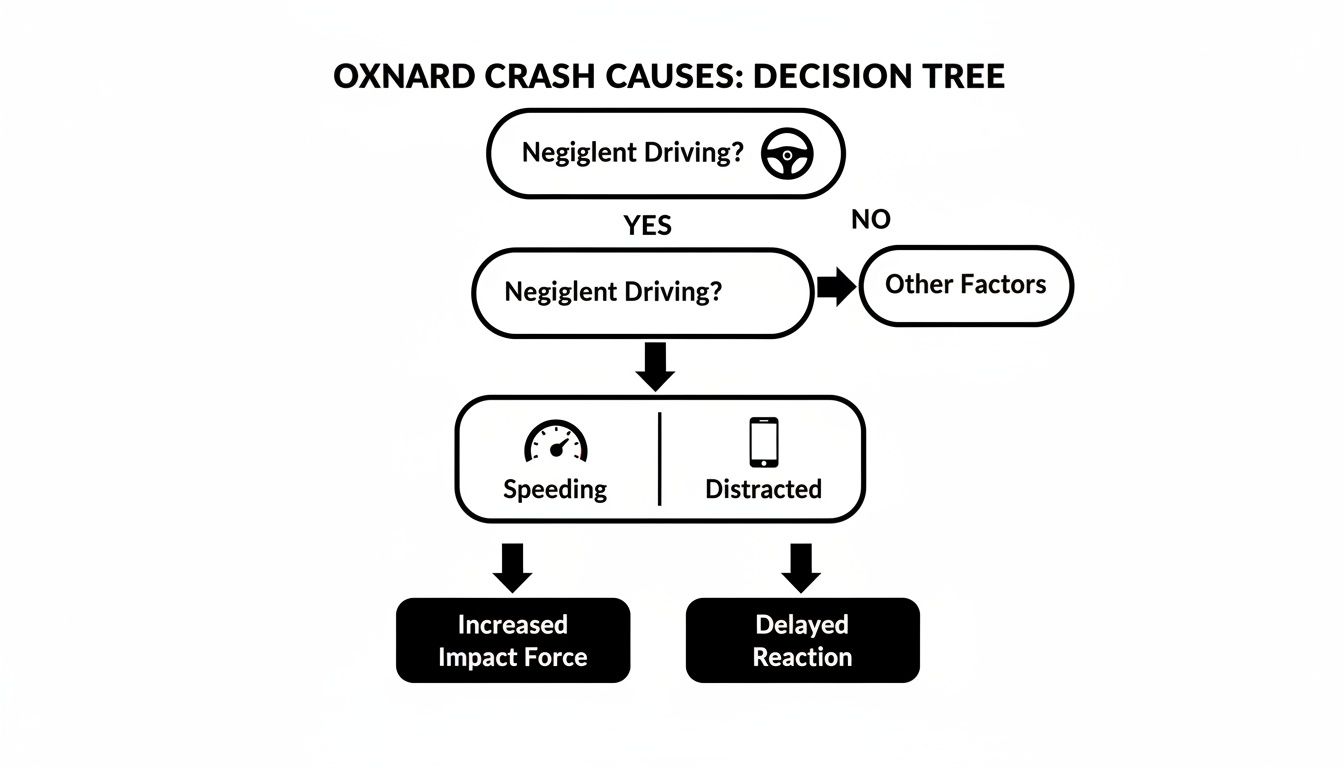Decision tree flow chart showing negligent driving causes of Oxnard crashes, including speeding and distracted driving.