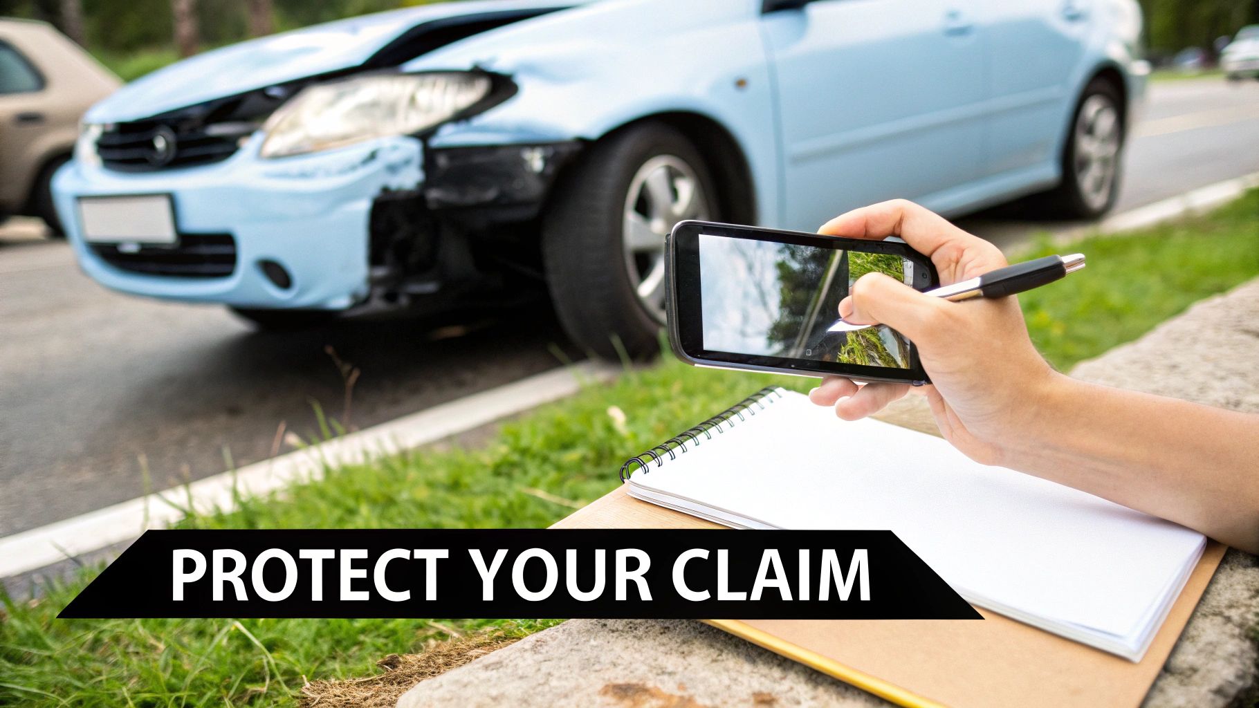 A person takes a photo of a damaged light blue car after an accident with a smartphone, next to a notebook.
