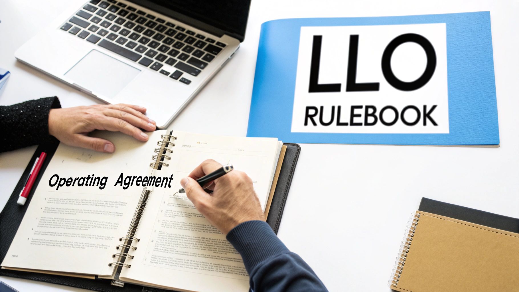 Two people working on an operating agreement and LLO rulebook at a desk with a laptop.