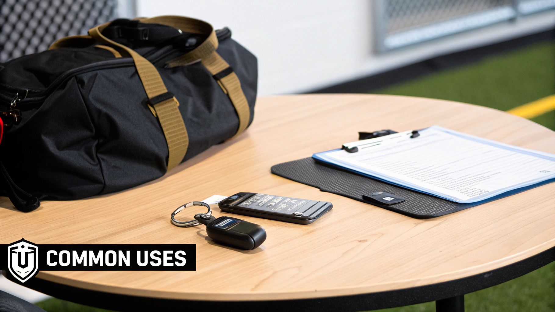 A black duffel bag, smartphone, key fob, and clipboard with documents on a light wood table.