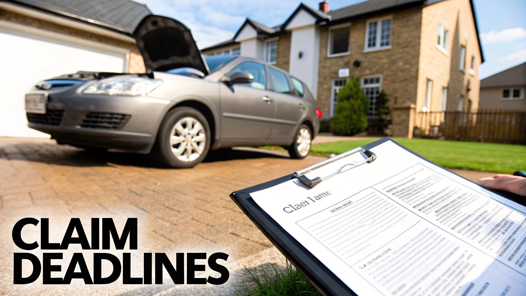 A broken-down car in a driveway with its hood open, and a claim form for insurance, highlighting claim deadlines.