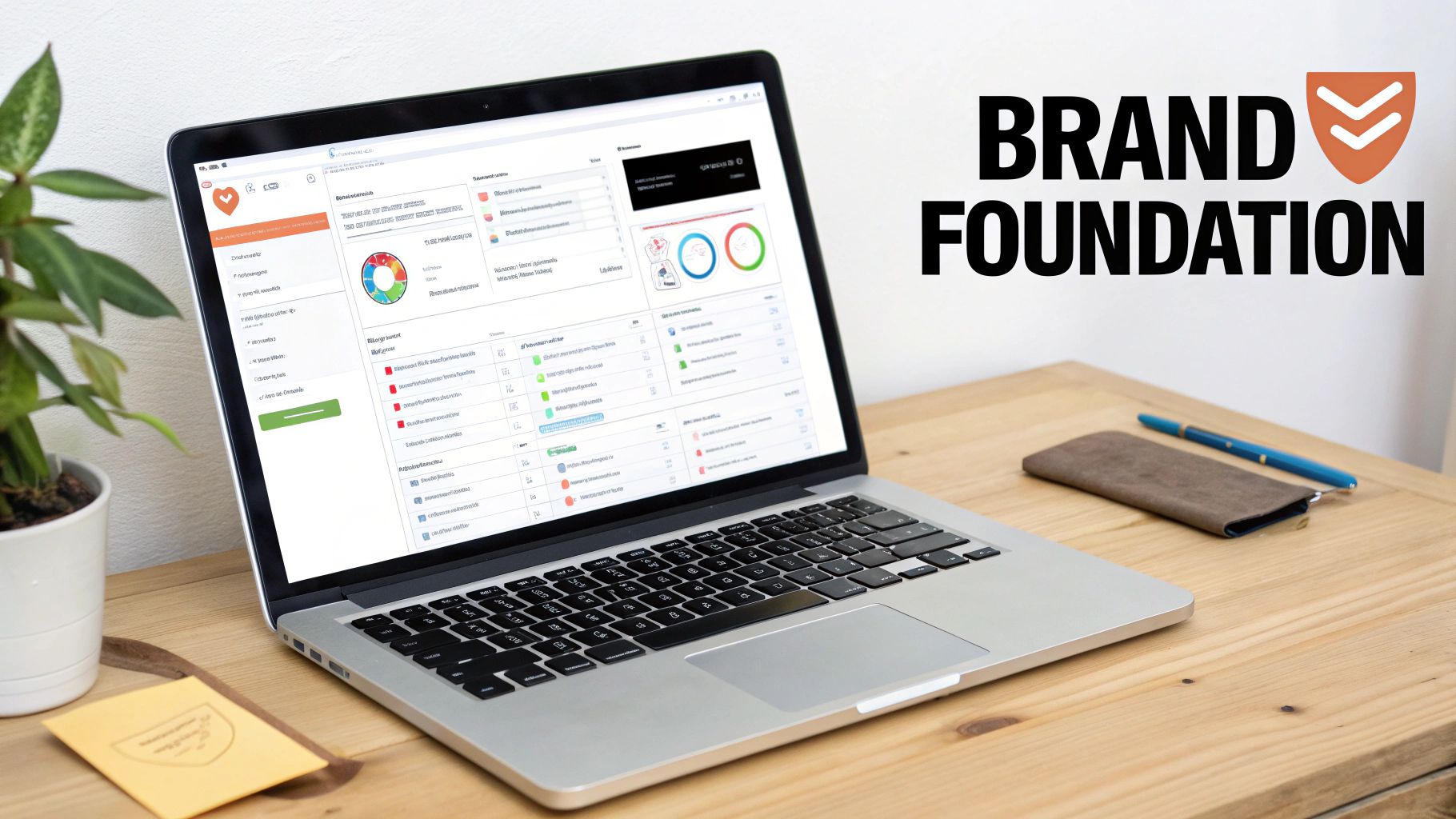 Laptop on a wooden desk displaying a data dashboard, with 'BRAND FOUNDATION' text and logo.
