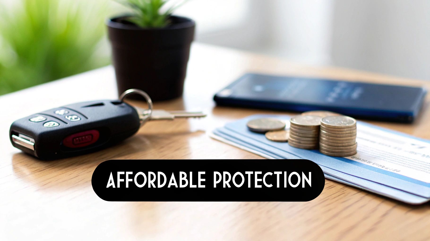 Car keys, stacked coins, a smartphone, and a plant on a wooden table with text 'AFFORDABLE PROTECTION'.