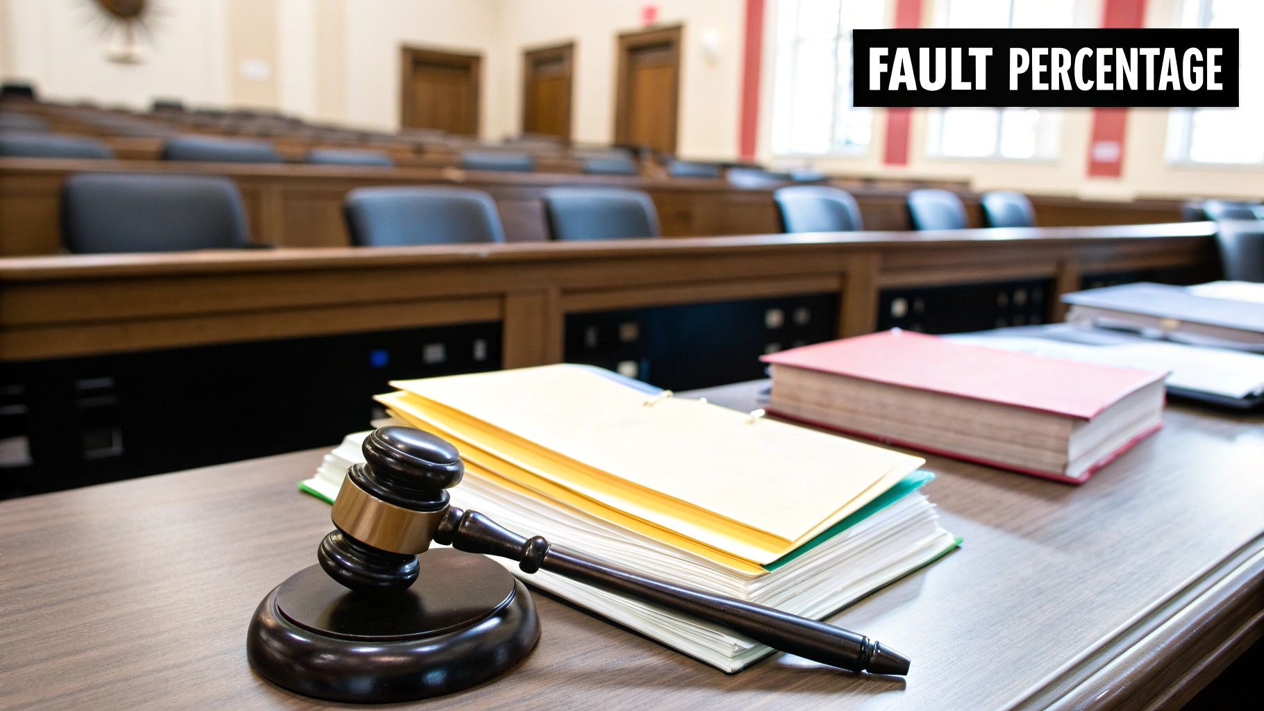 A courtroom gavel and sound block on a wooden desk, symbolizing the legal process of determining fault.