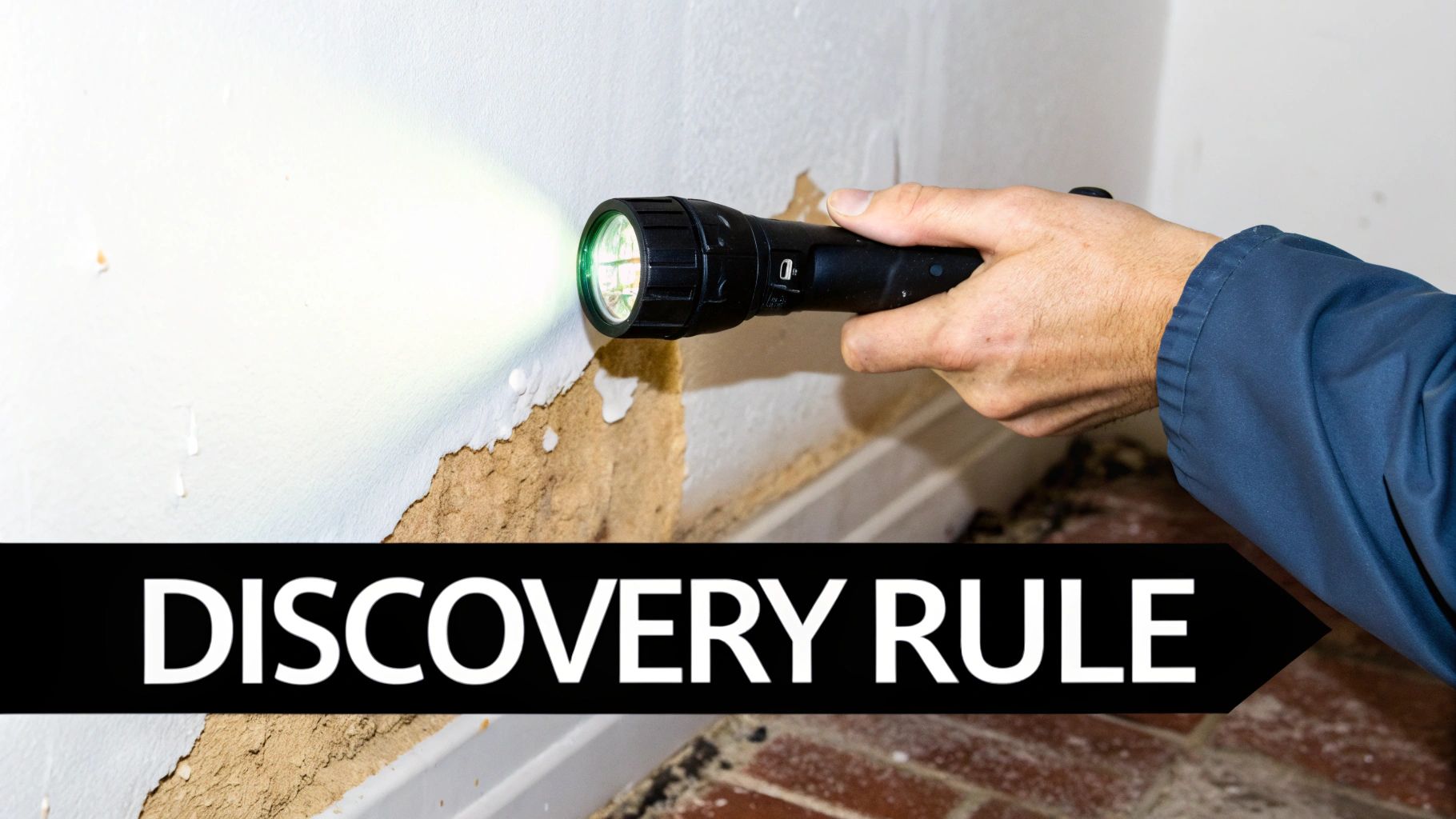 A hand holding a flashlight illuminates a wall with peeling paint, showing damage, with 'DISCOVERY RULE' text.
