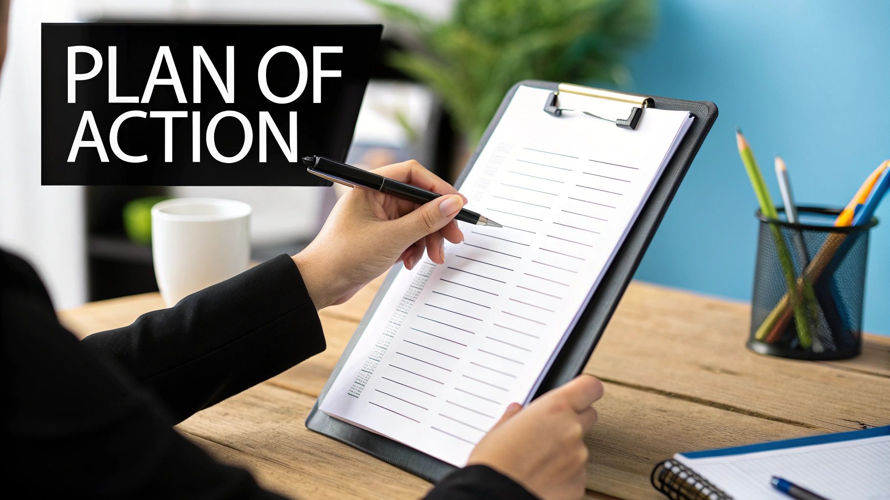 A person writing a detailed Plan of Action on a laptop, with notes and documents organized neatly beside them.
