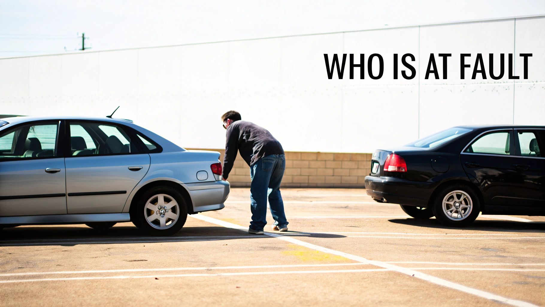 Man examining rear end damage between two cars in parking lot accident scene