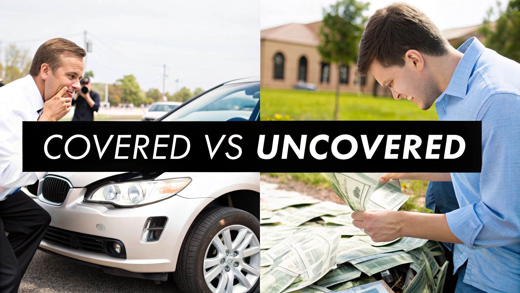 A split image contrasting a man with a damaged car (covered) and another counting money (uncovered).