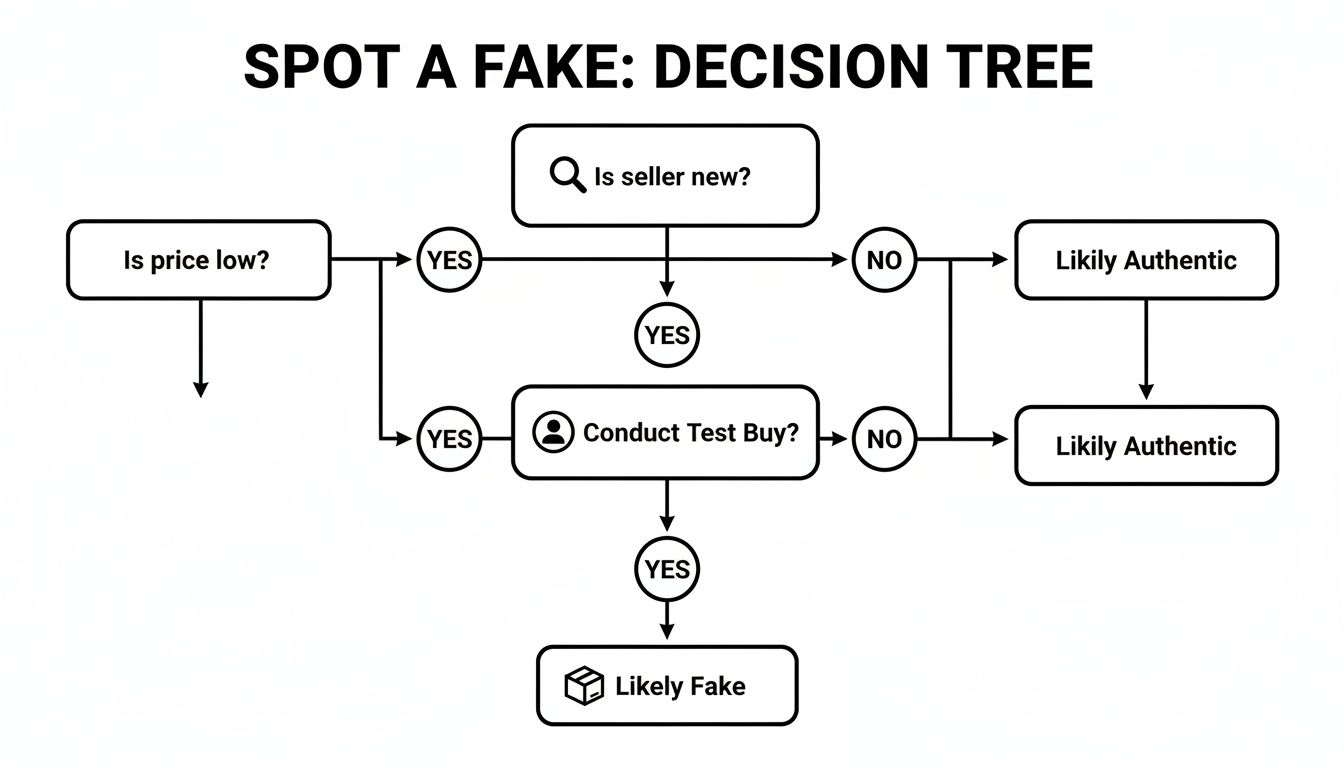 Decision tree flowchart for identifying fake goods based on price, seller, and test buy.