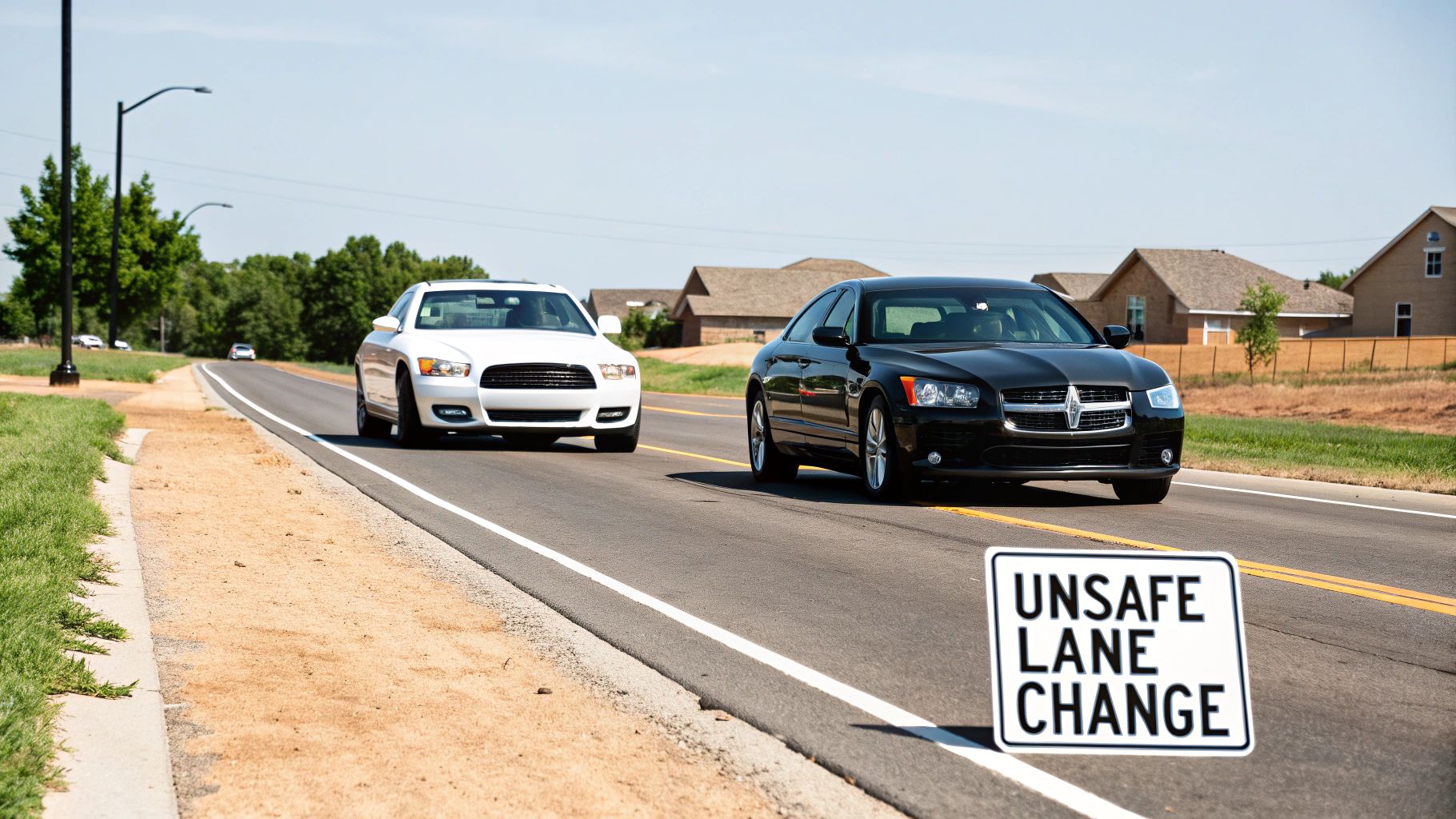 Two cars colliding during an unsafe lane change on a highway