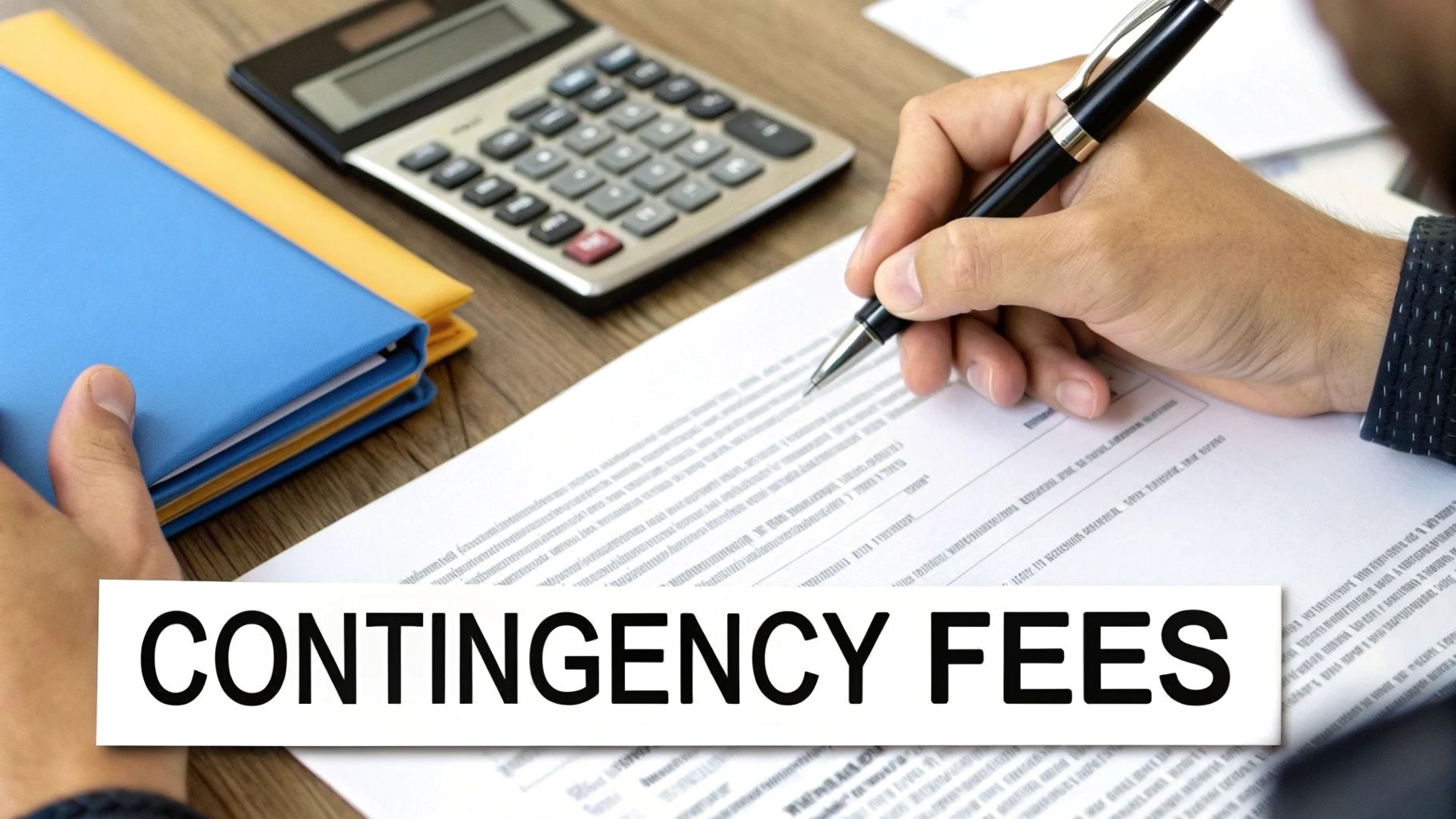 A person's hand writes on a document with a pen, calculator, and folders. Text overlay reads 'CONTINGENCY FEES'.