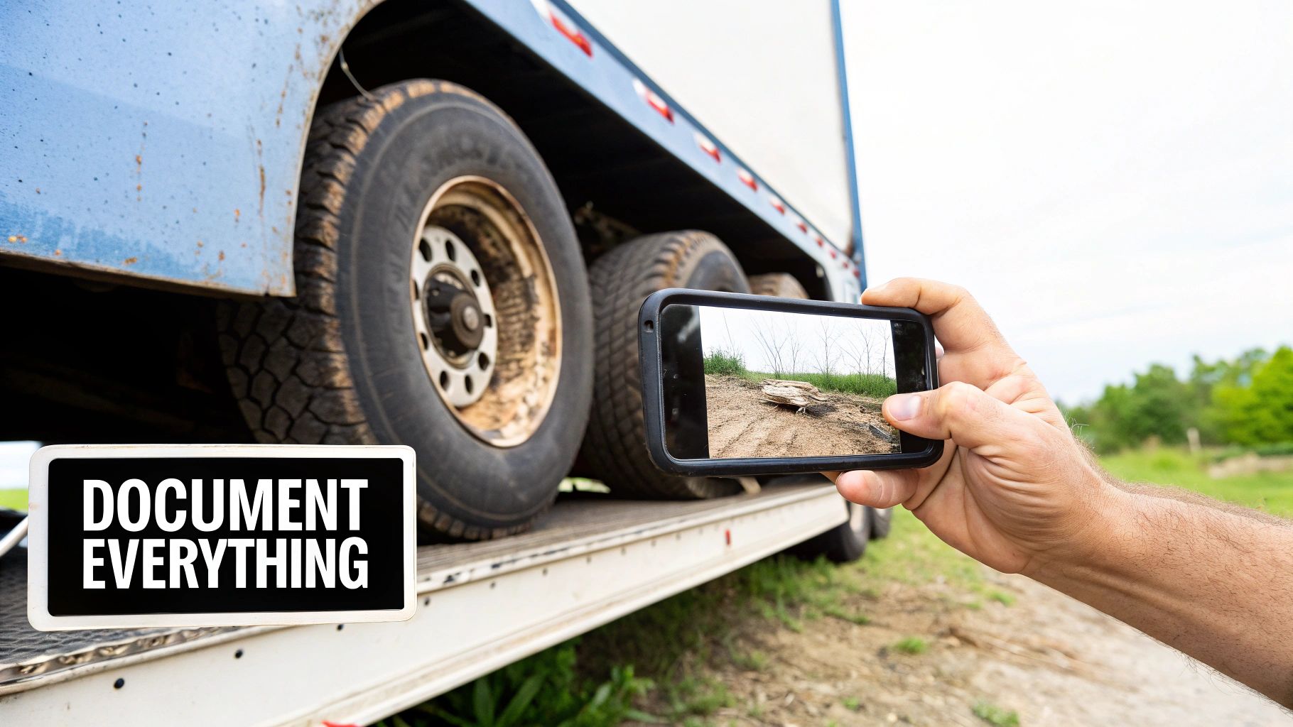 A hand holds a smartphone, photographing a truck tire and a 'DOCUMENT EVERYTHING' sign.