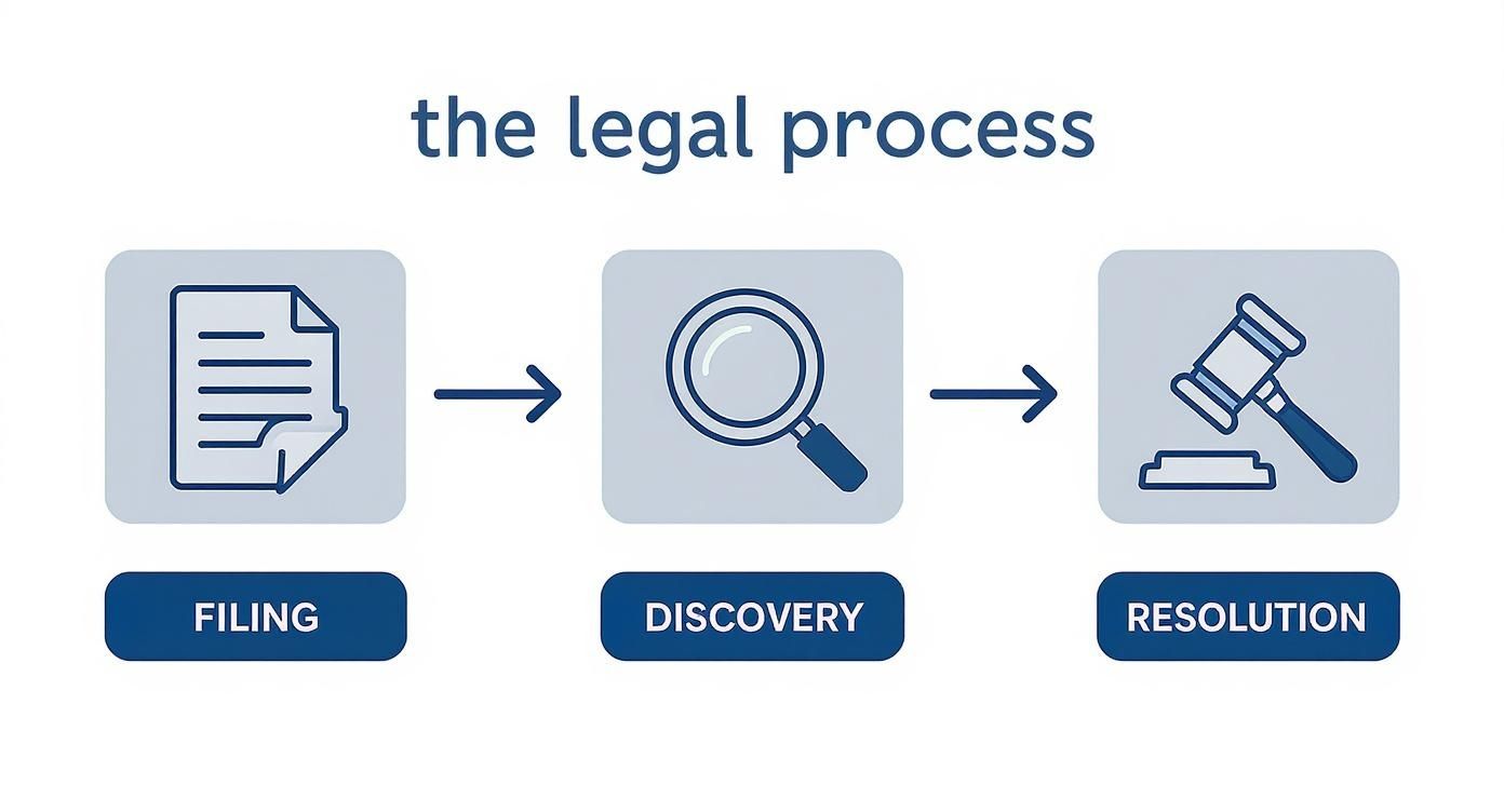 An illustration showing the three steps of the legal process: Filing, Discovery, and Resolution.