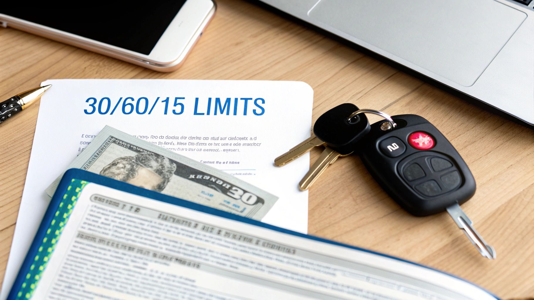 Car keys, a document showing 30/60/15 limits, and money on a desk, symbolizing auto insurance.