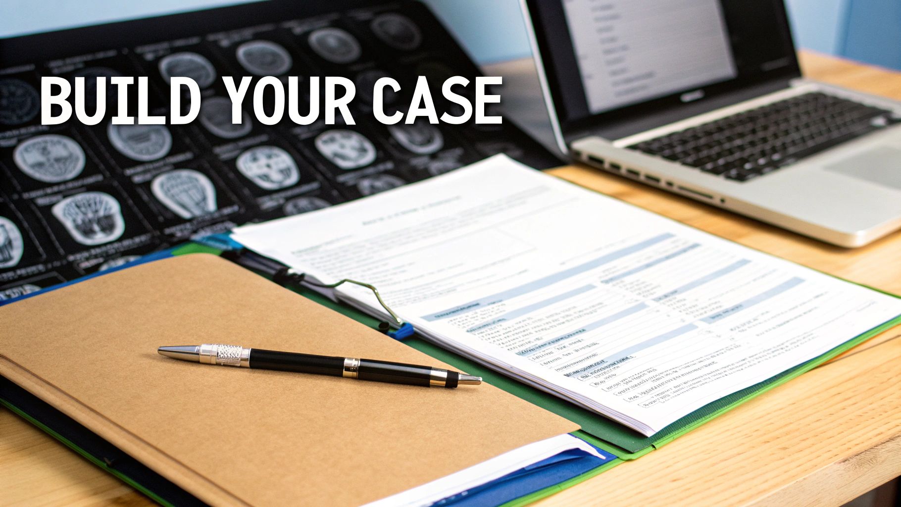 Desk with medical scans, documents, pen, and laptop for building a case.