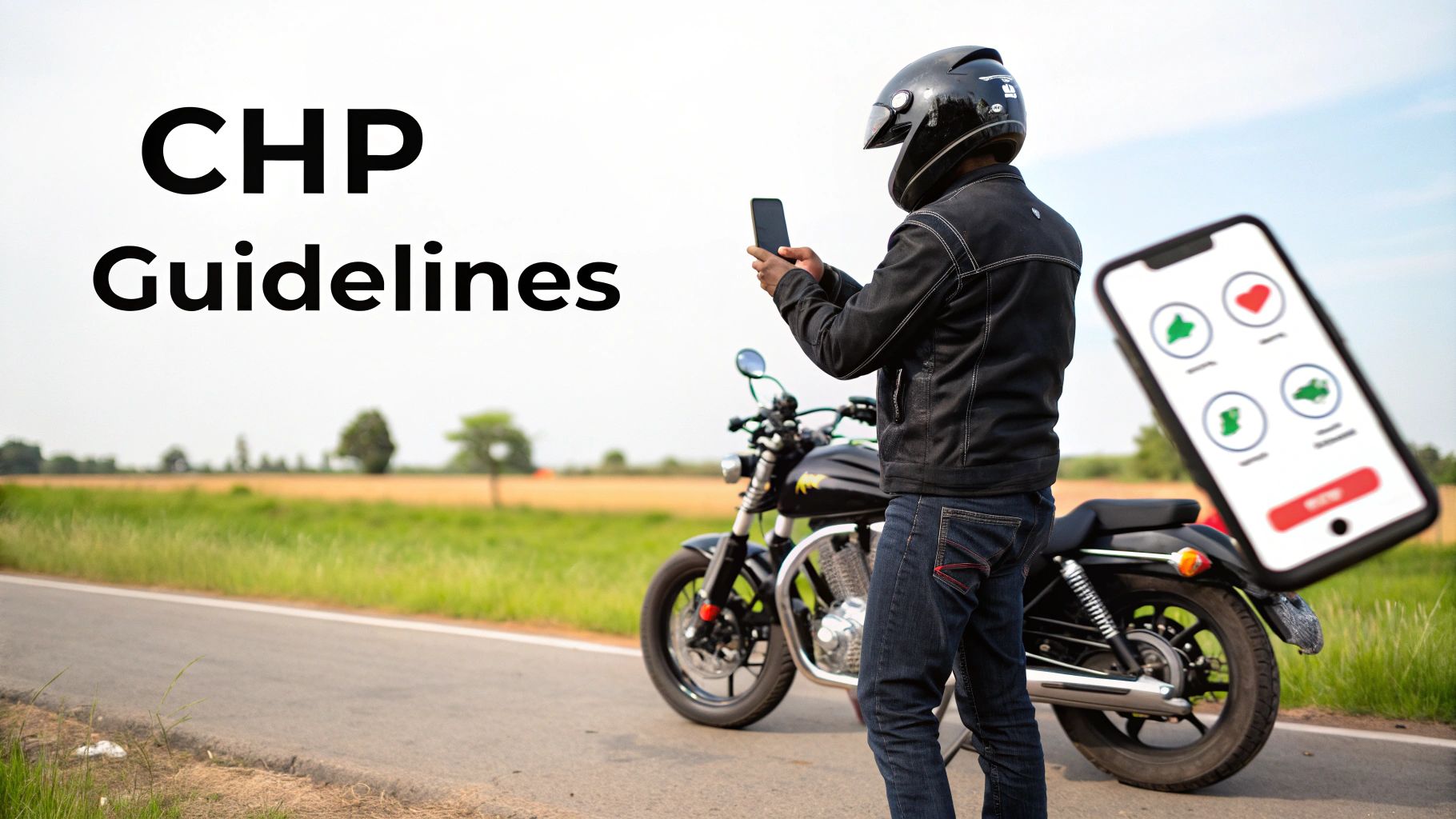 A motorcyclist in a helmet stands beside their bike, looking at a smartphone with 'CHP Guidelines' text.
