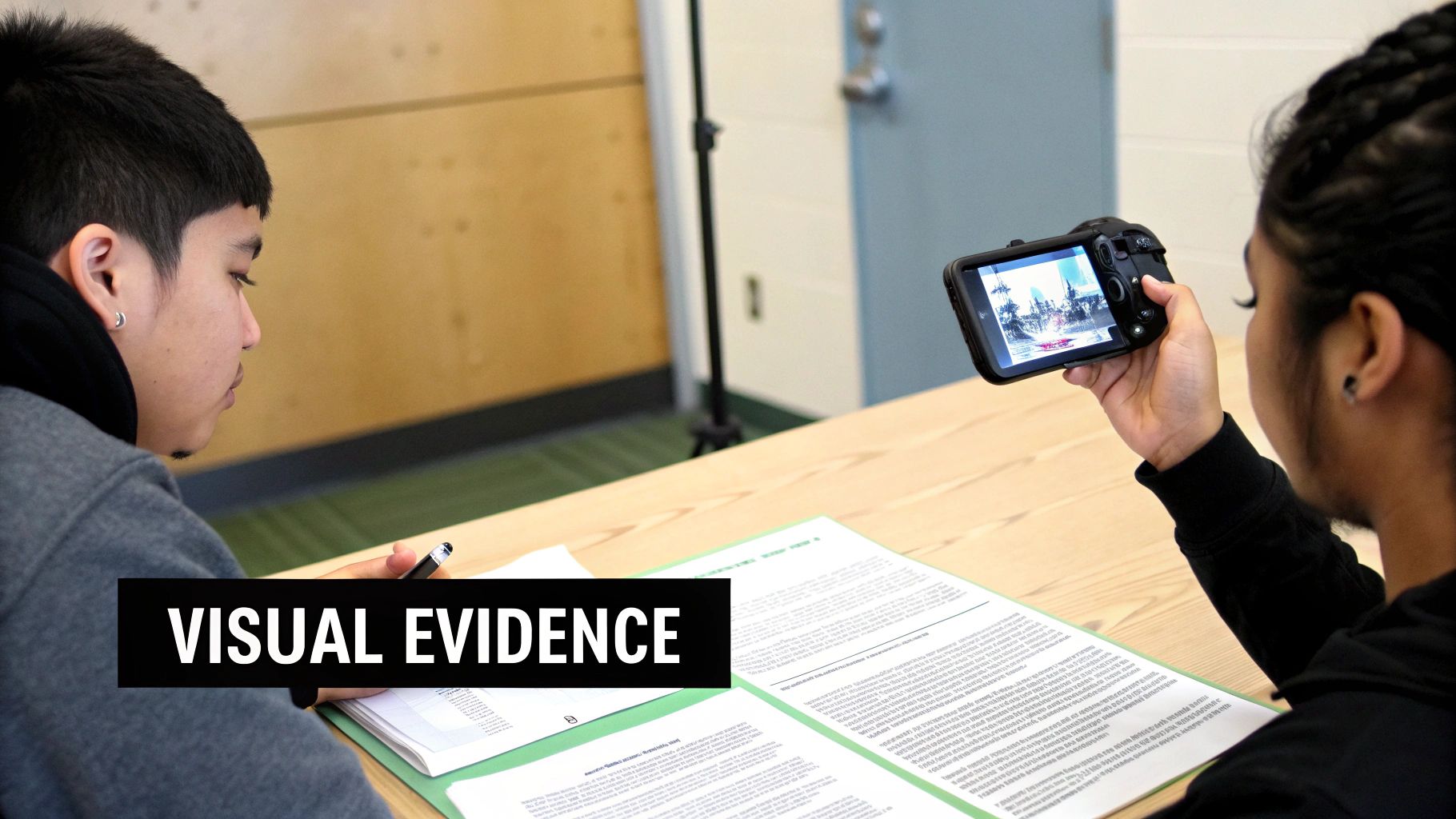 Two people at a table, one views a camera screen, the other reviews documents with a pen, labeled 'VISUAL EVIDENCE'.
