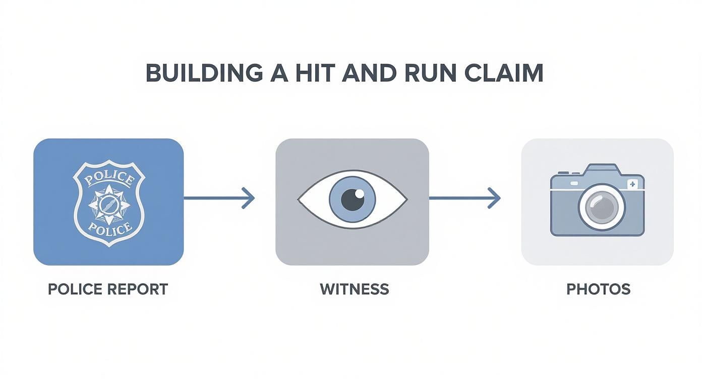 Flowchart illustrating the steps to build a hit and run claim: police report, witness, and photos.