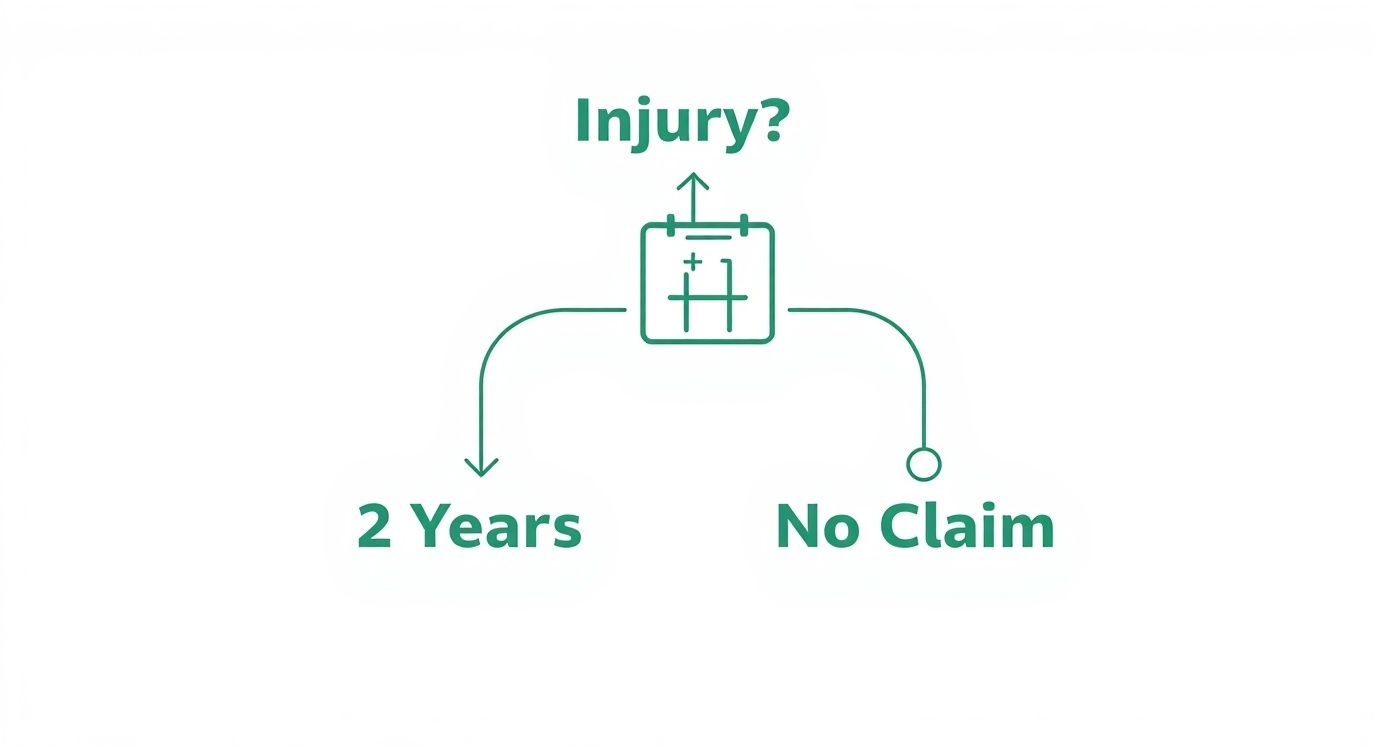 A simple flowchart shows "Injury?" leading to two paths: "2 Years" or "No Claim", representing a claim timeline.