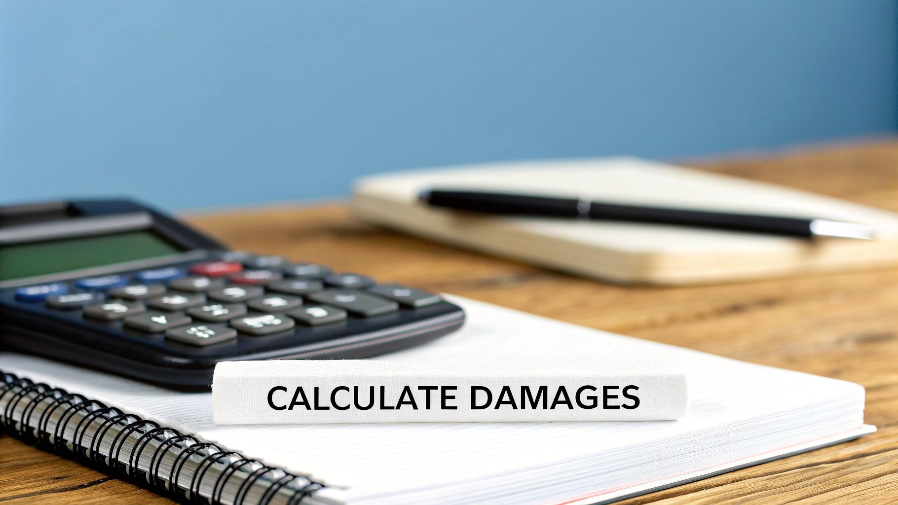 A calculator, notebook, and pen on a wooden desk, with a block saying 'CALCULATE DAMAGES'.