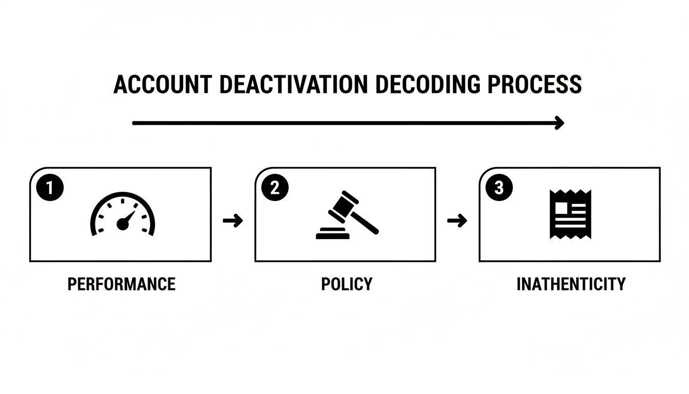 A diagram illustrates the account deactivation decoding process in three steps: Performance, Policy, and Inauthenticity.