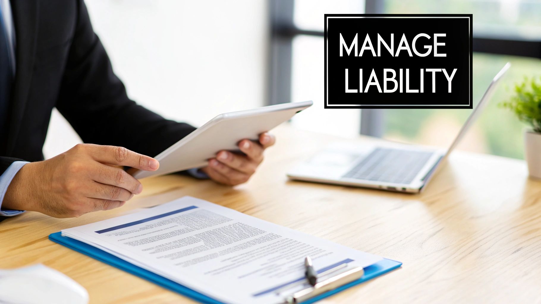 A person in a suit holds a tablet at a desk with documents, a laptop, and a plant. Text overlay reads 'MANAGE LIABILITY'.