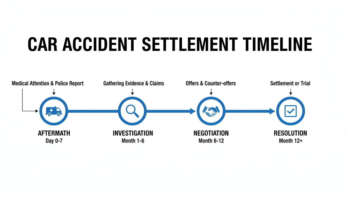 A car accident settlement timeline illustrating the four stages: Aftermath, Investigation, Negotiation, and Resolution.