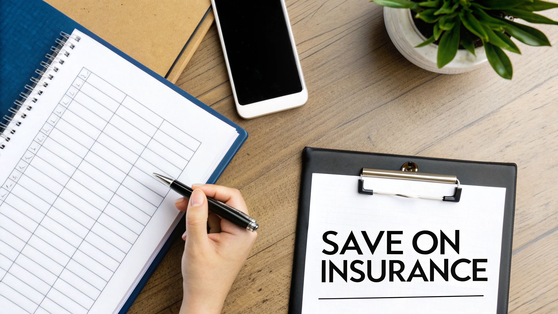 Overhead view of a person's hand with a pen, a notebook, and a document reading 'SAVE ON INSURANCE'.