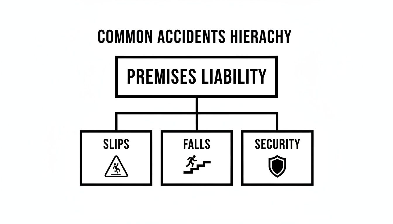 A hierarchy diagram illustrating common accidents under premises liability, including slips, falls, and security issues.