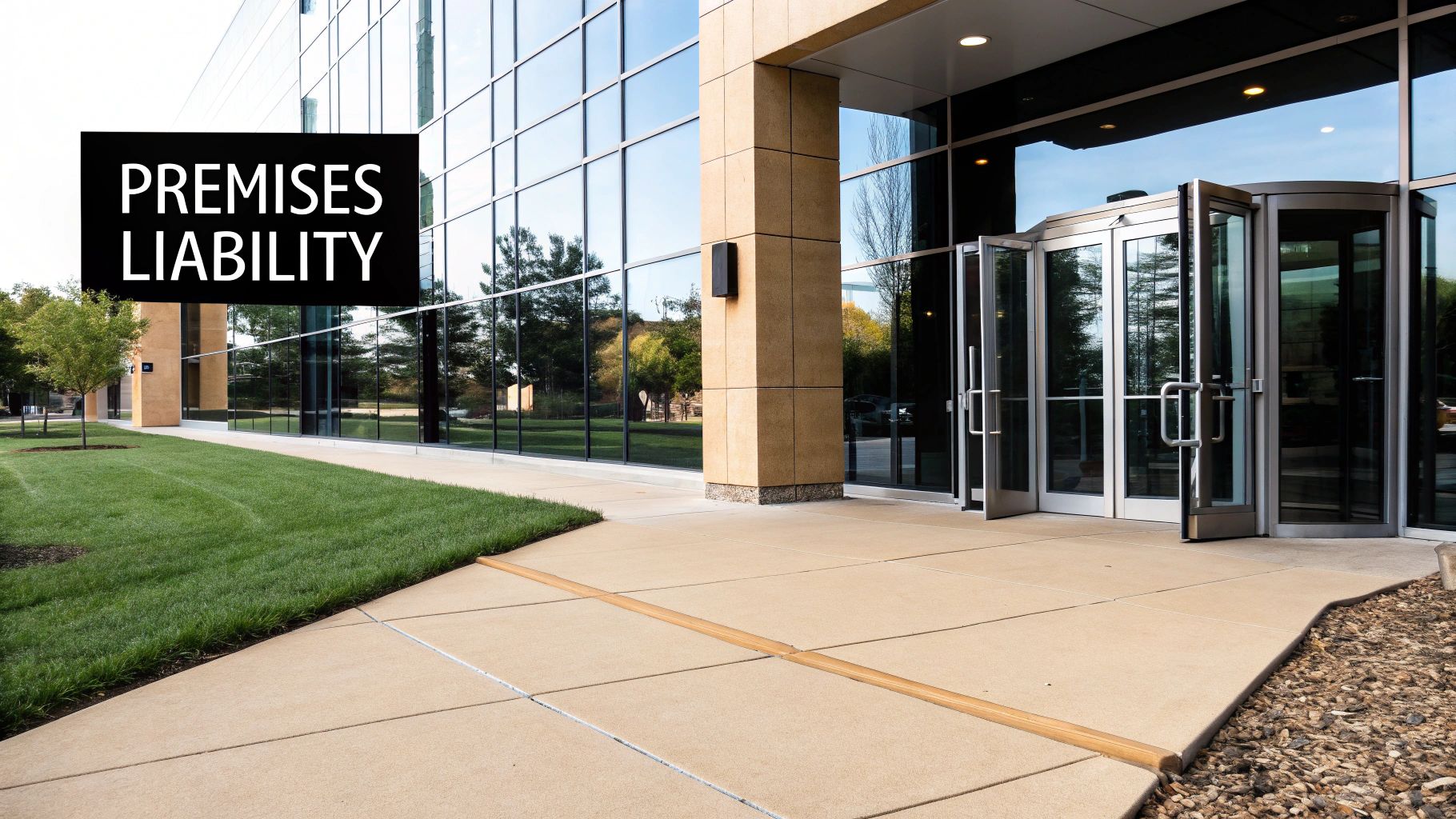 A modern office lobby with a yellow 'caution wet floor' sign, symbolizing premises liability risks.