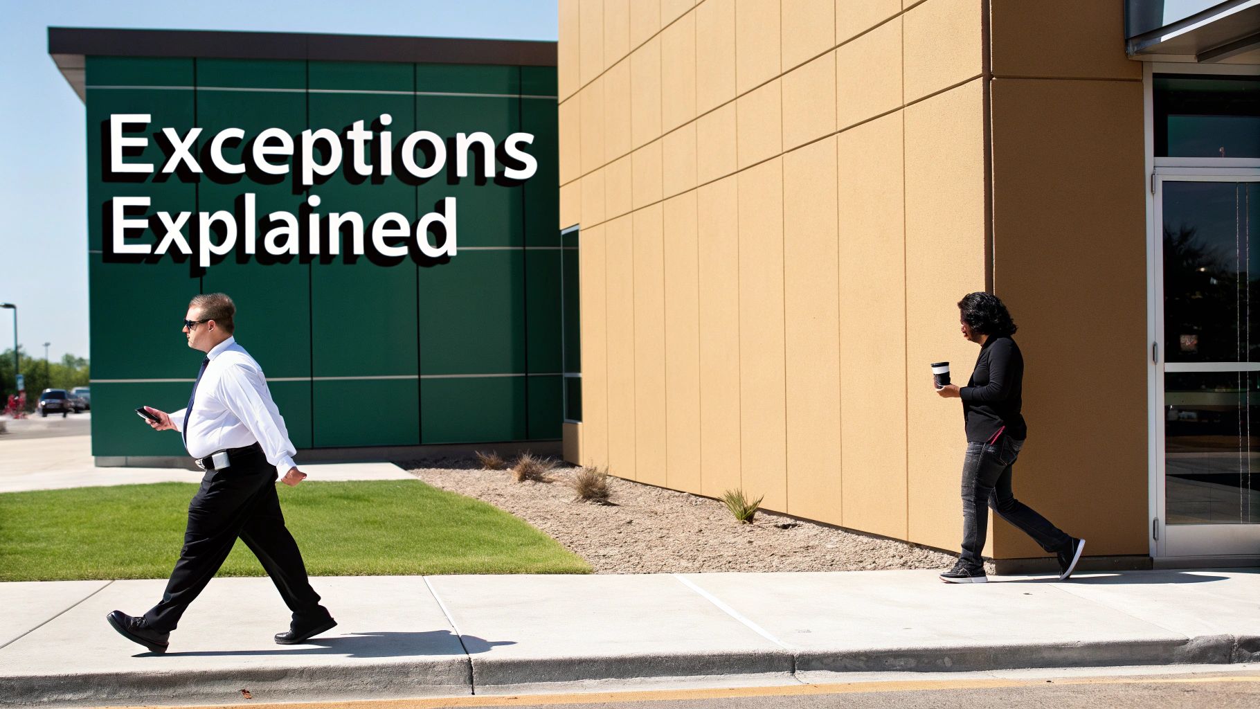 Two business professionals walking past modern office building while using mobile devices