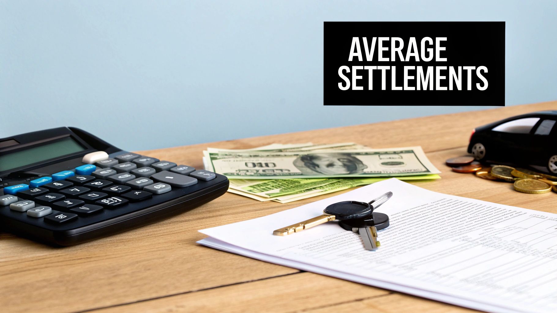 Calculator, cash, car keys, and documents on a desk with 'AVERAGE SETTLEMENTS' text.