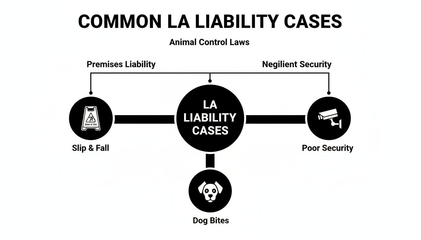 Diagram illustrating common LA liability cases including premises, negligent security, animal control, slip & fall, poor security, and dog bites.