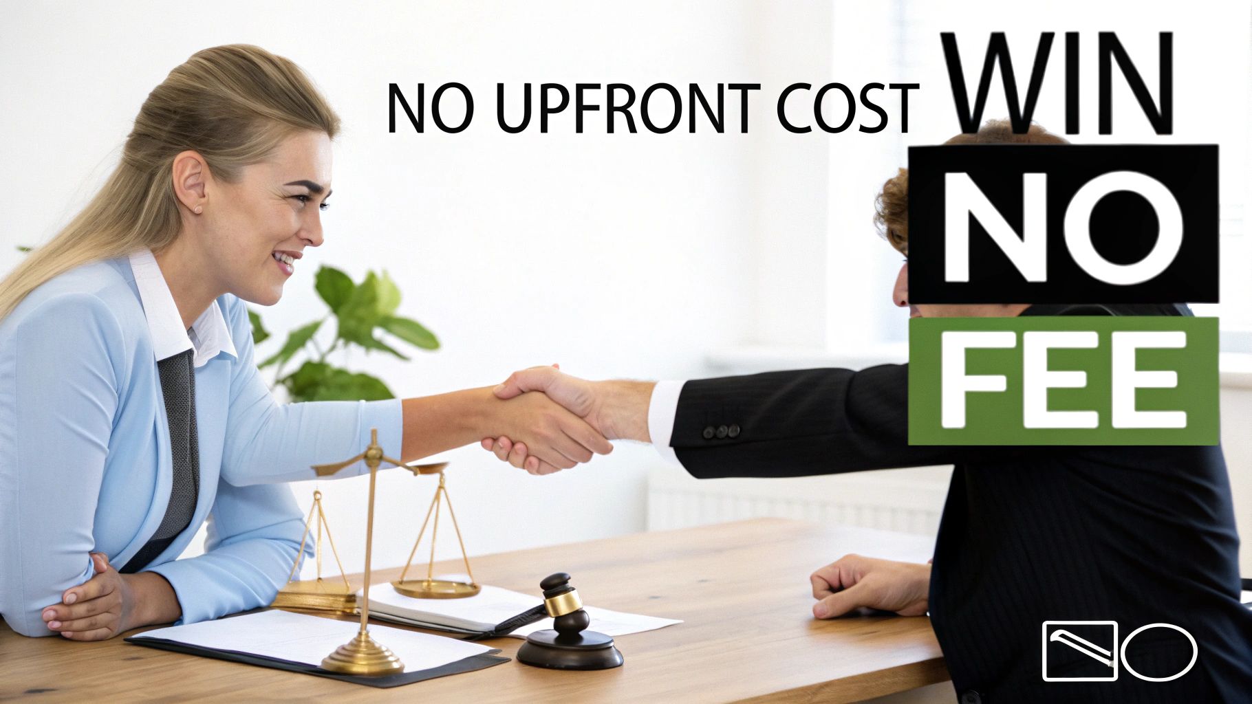 A personal injury lawyer discussing a contingency fee agreement with a client in a modern office.