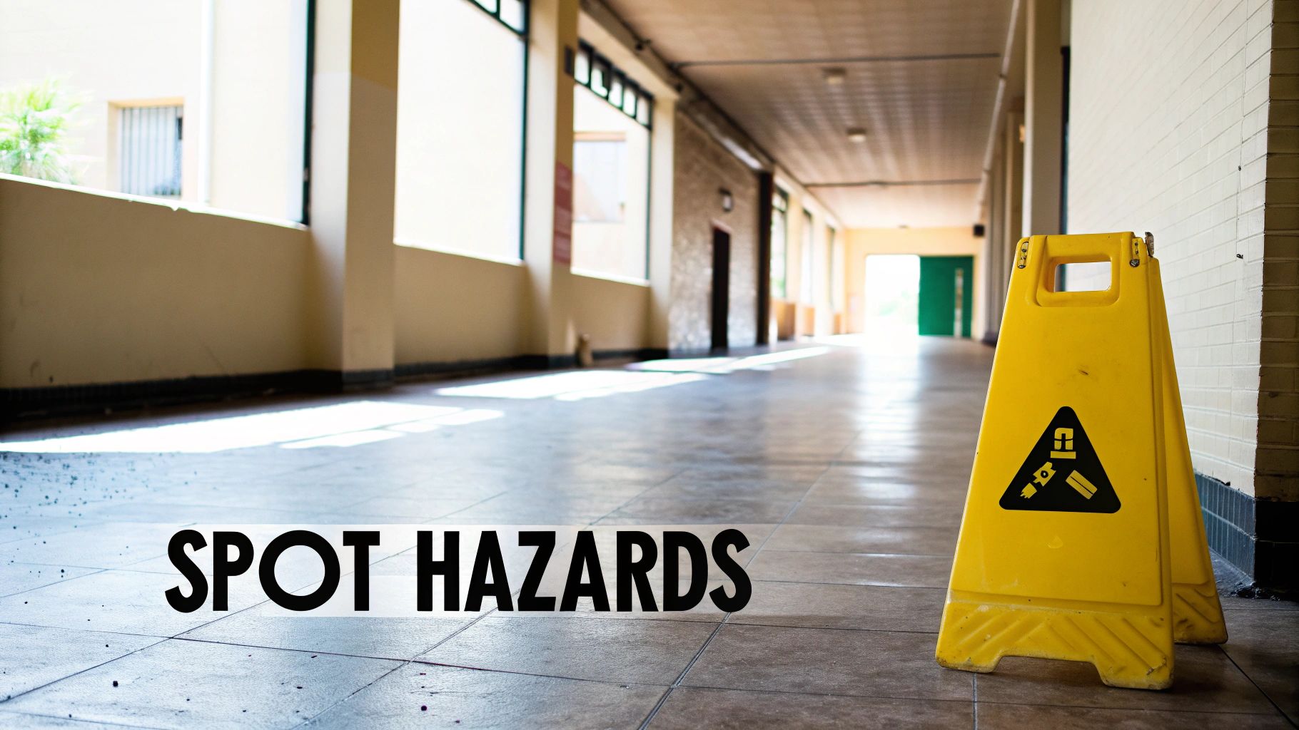 Wet floor sign in a clean hallway, representing a common slip and fall hazard
