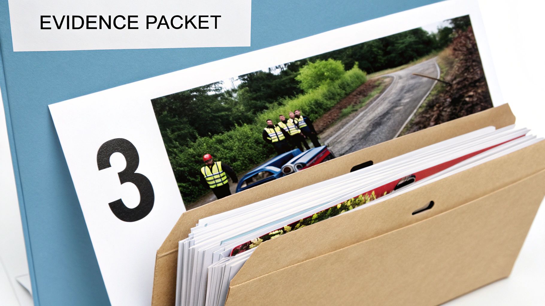 A blue 'EVIDENCE PACKET' folder containing documents, showing a photo of an accident scene with personnel and a damaged car.