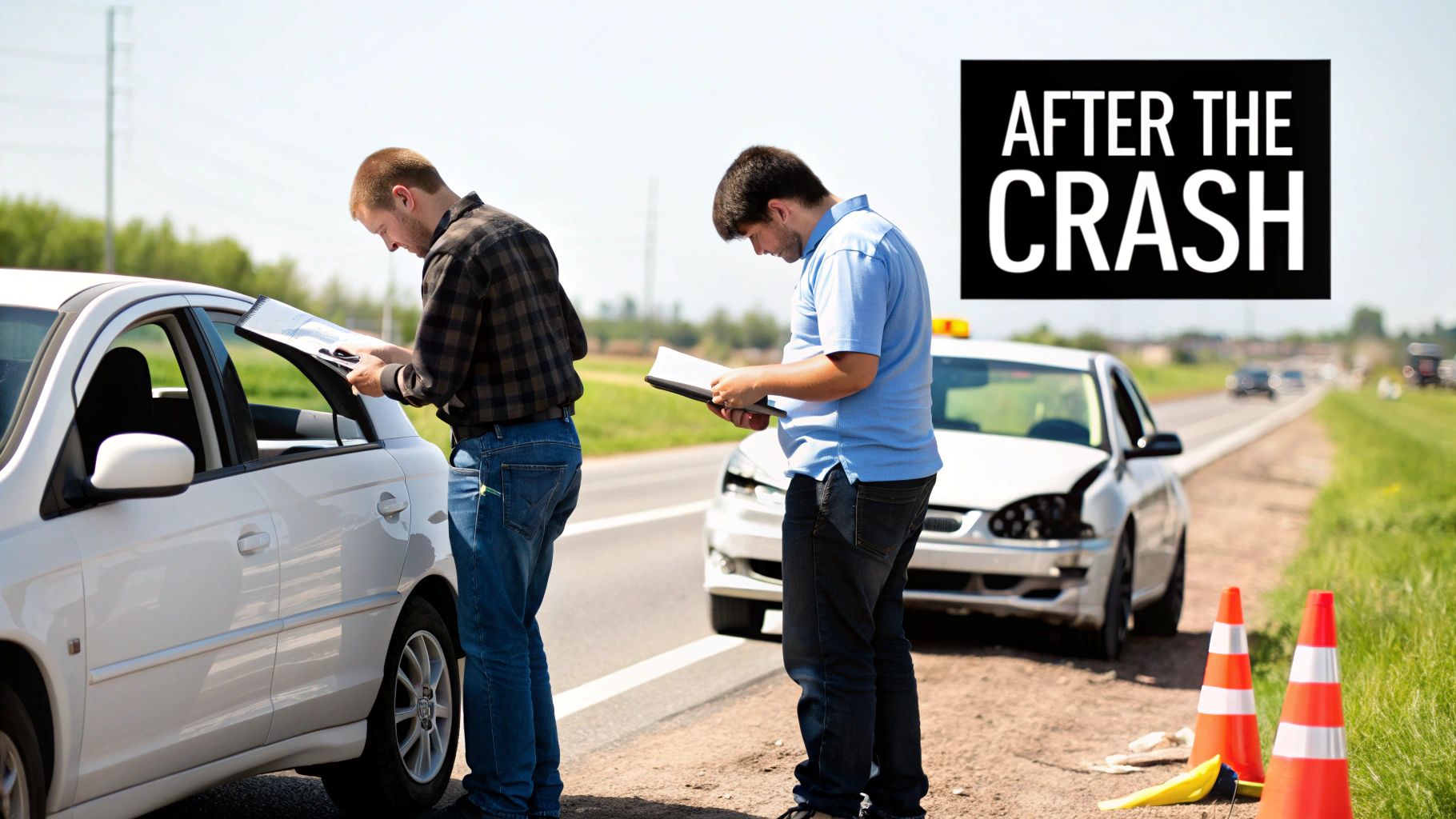 Two men stand on the roadside reviewing documents next to their damaged cars after a crash, with traffic cones.