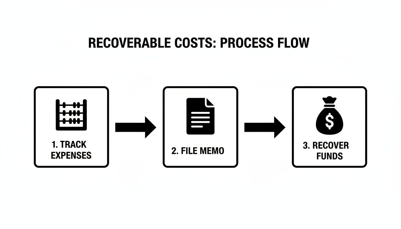 A process flow diagram shows three steps: 1. Track Expenses, 2. File Memo, 3. Recover Funds for recoverable costs.