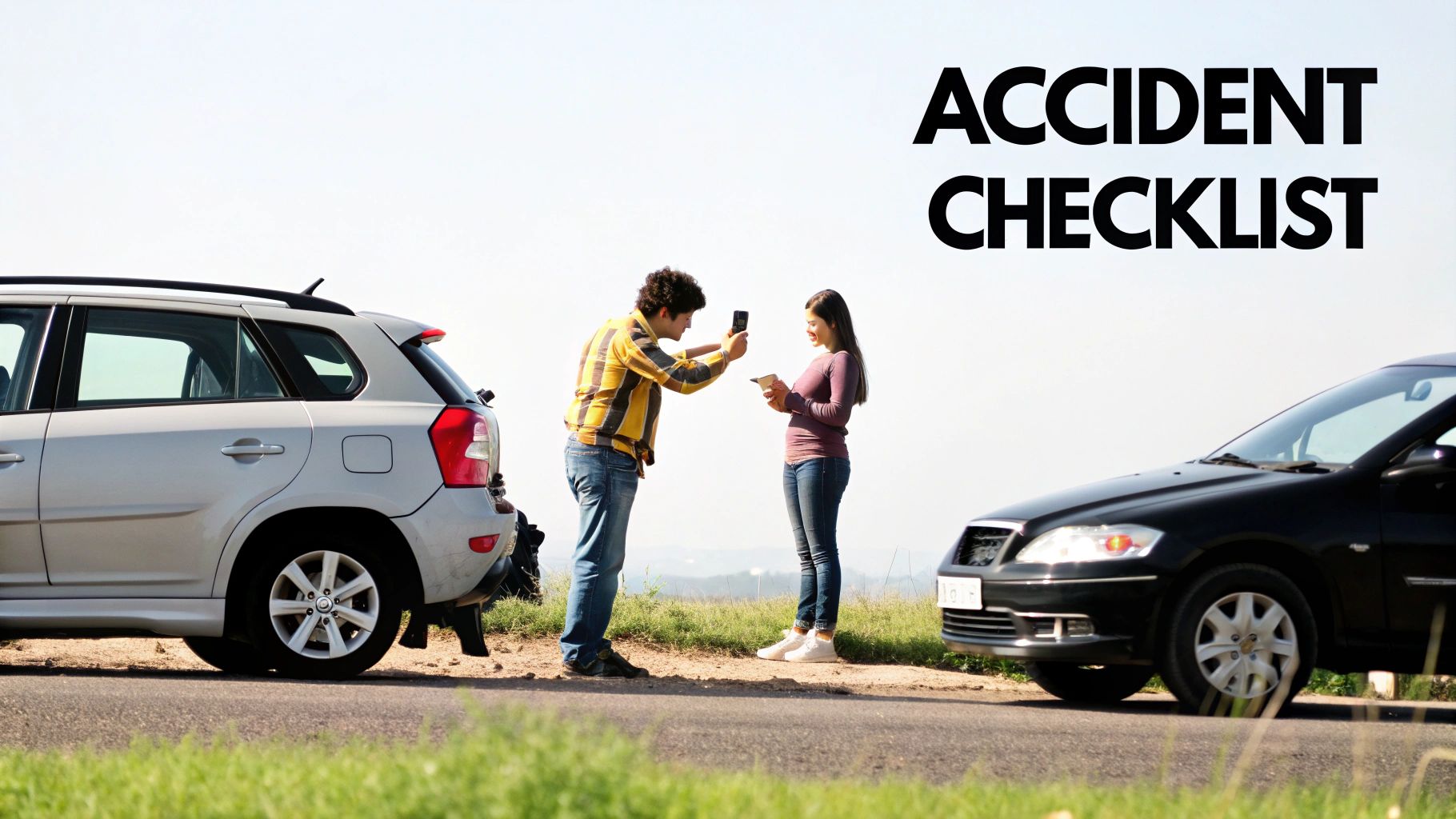 Two people documenting a minor car accident scene, one taking photos of the vehicles.
