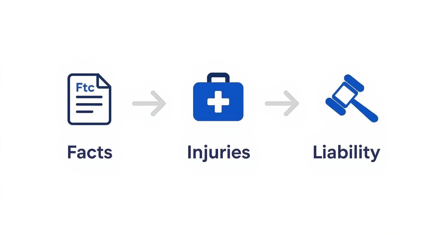 A flowchart illustrates the legal process from facts to injuries to determining liability.