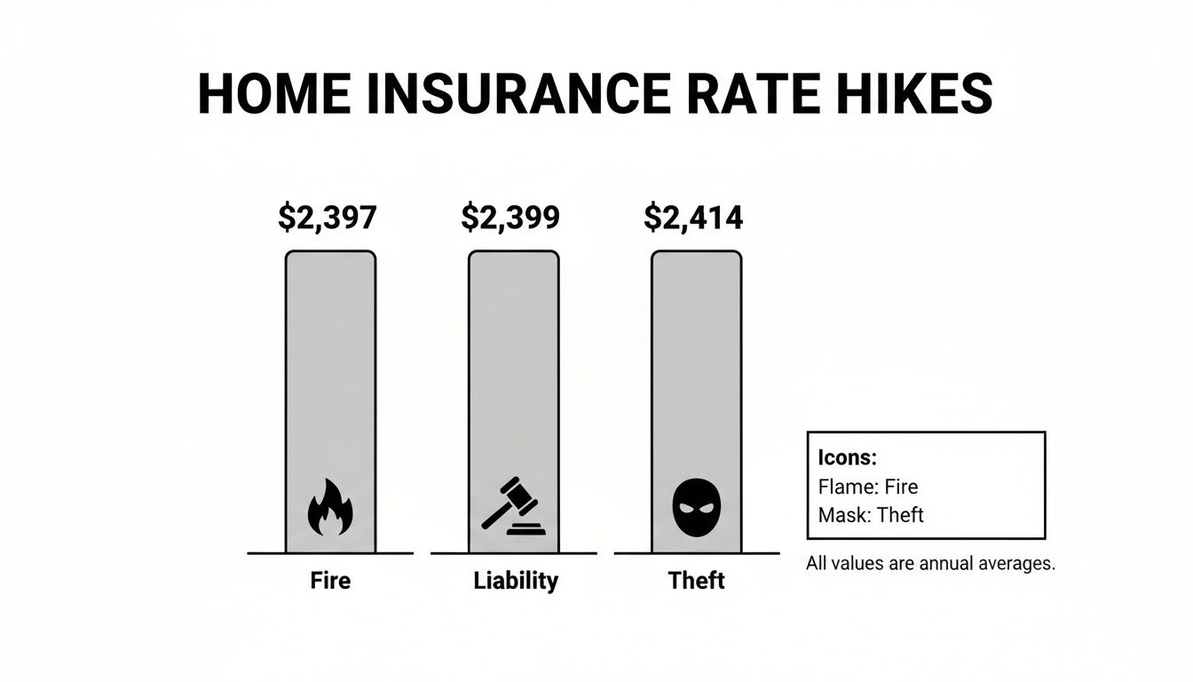Bar chart illustrating home insurance rate hikes for fire, liability, and theft, showing annual average costs.