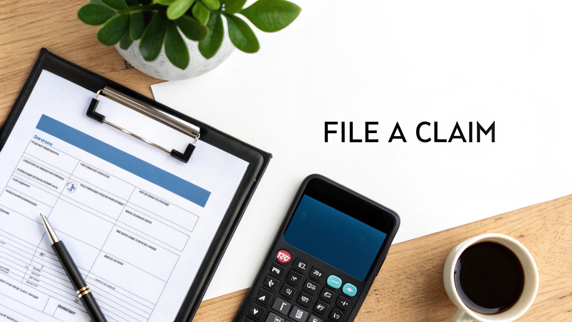 A desk with a claim form, pen, calculator, coffee, and plant, with text 'FILE A CLAIM'.