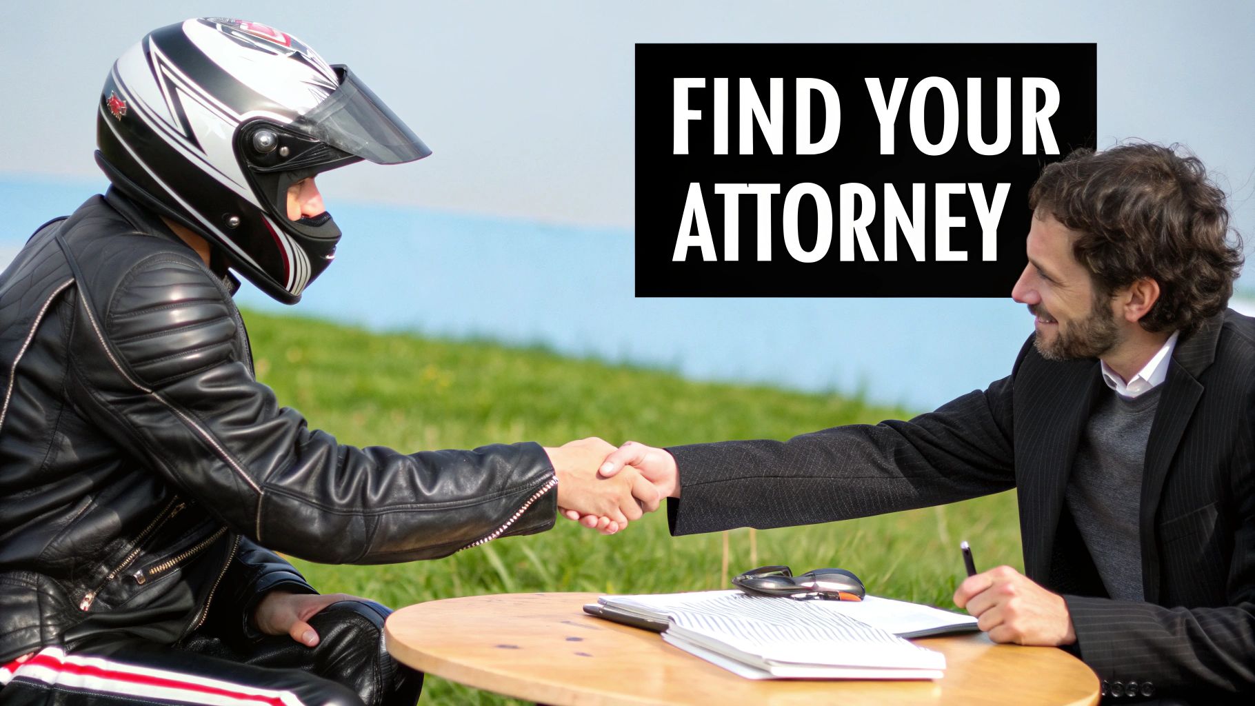 A motorcyclist in a helmet shaking hands with an attorney outdoors, with 'FIND YOUR ATTORNEY' text.