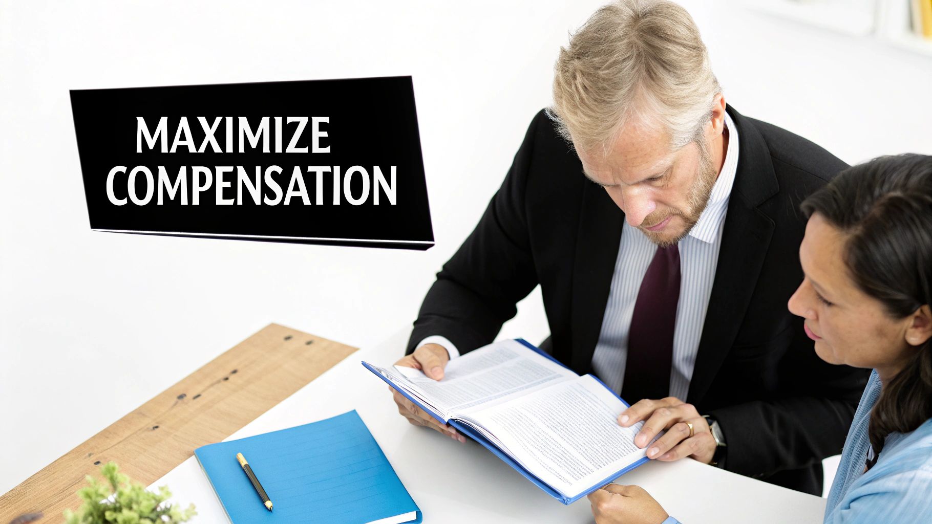 A man and a woman consult over an open book with a banner displaying 'MAXIMIZE COMPENSATION'.