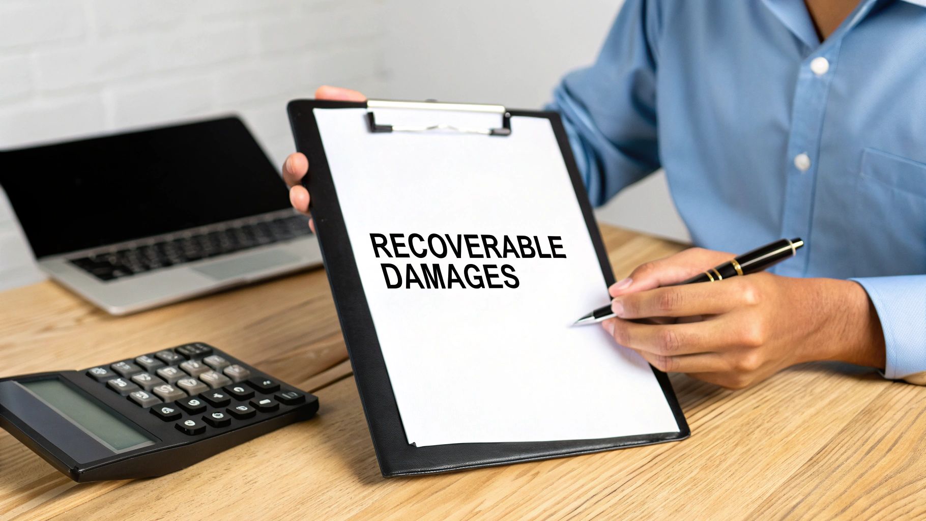 A person in a blue shirt holds a clipboard with 'RECOVERABLE DAMAGES' text, about to sign.