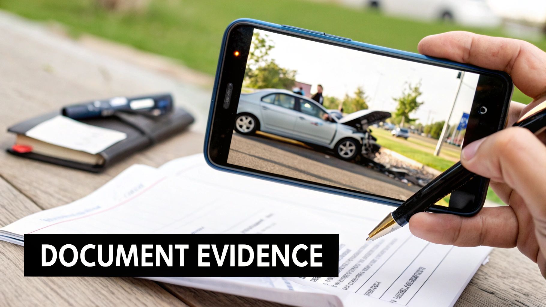 A hand holding a smartphone showing a car accident photo, with documents and a pen on a wooden table.